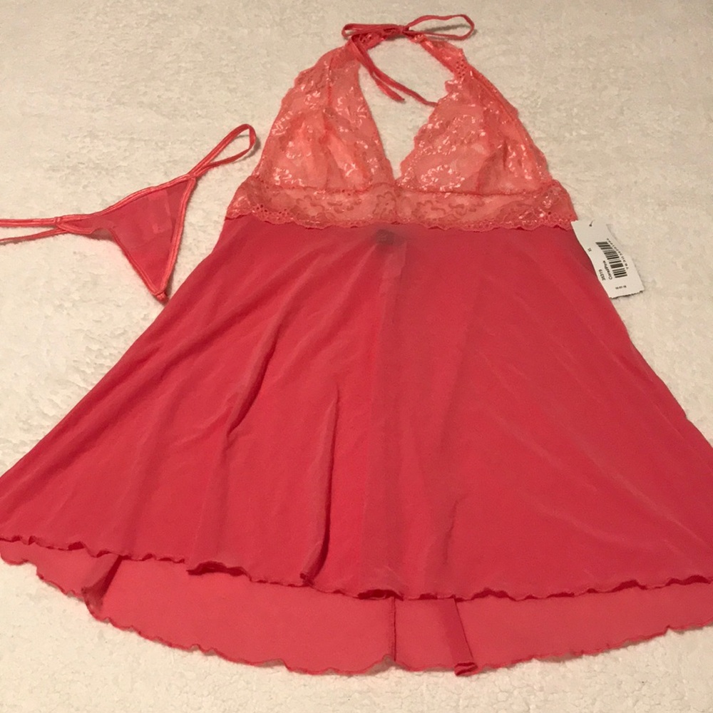 NWT Escante Collection coral pink babydoll halter nightgown and G-string Size XL